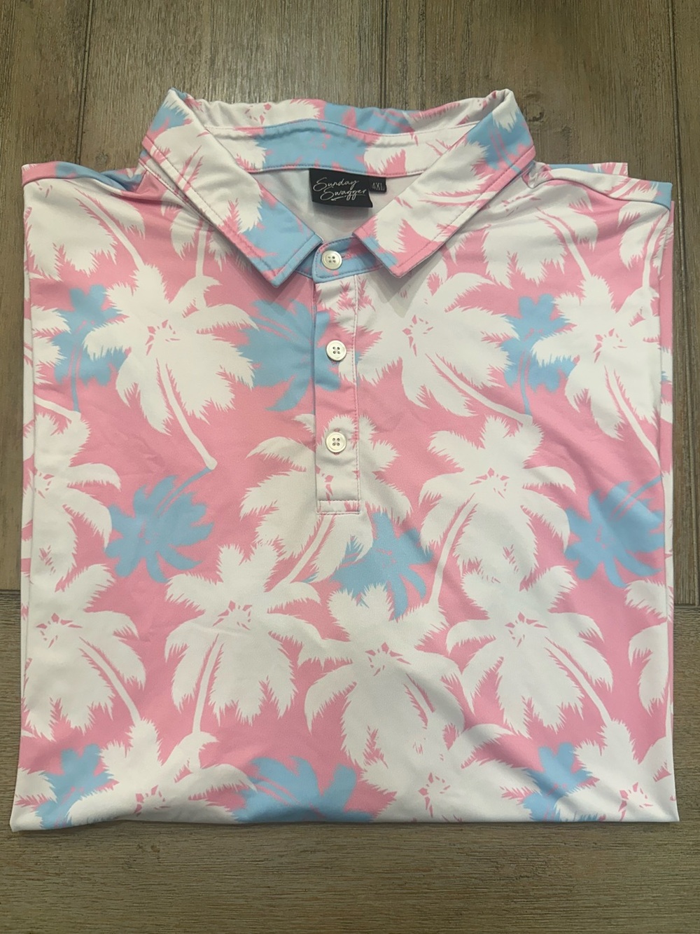 Sunday Swagger Men’s Golf Pink/Blue Palm Tree Polo | Size 4XL